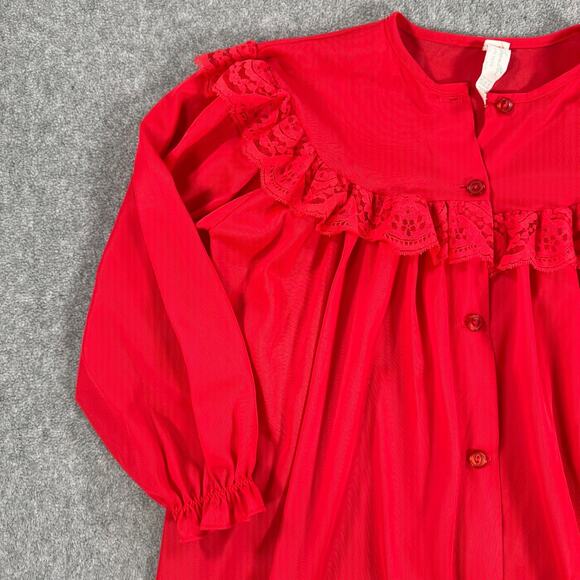 Green Bros. Vintage Robe Sleep Nightgown Size 6 Red Nylon Sheer Lace Trim Button - Picture 3 of 6
